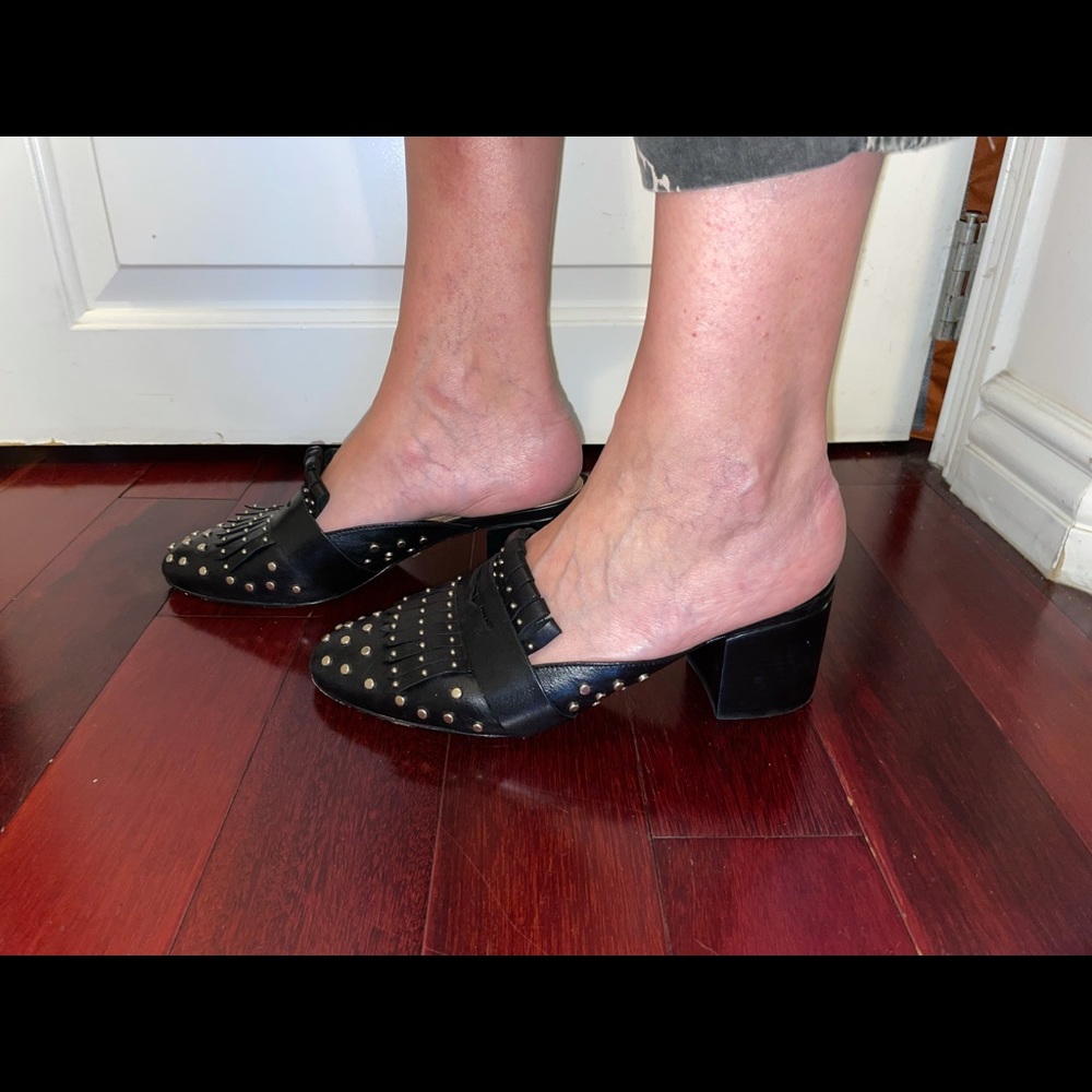 Schutz Black Leather and Studded Mules
